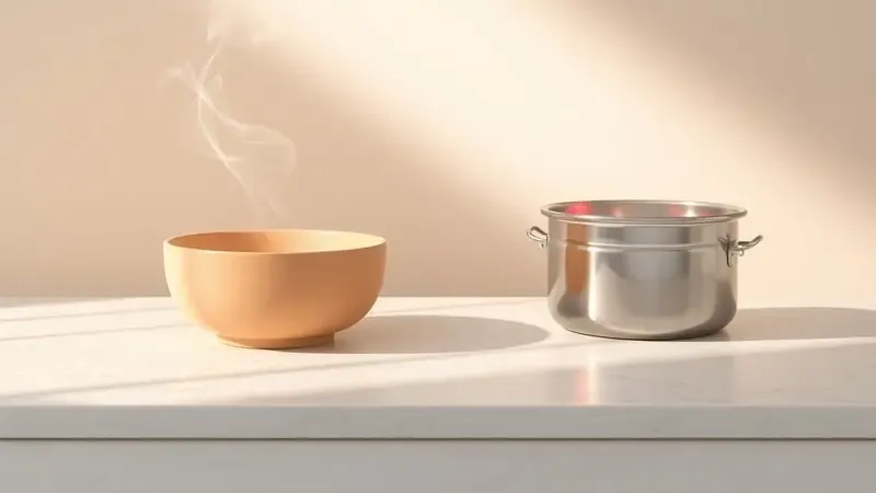 Comparação conceitual entre recipiente cerâmico seguro e recipiente metálico perigoso para uso no micro-ondas em renderização 3D.