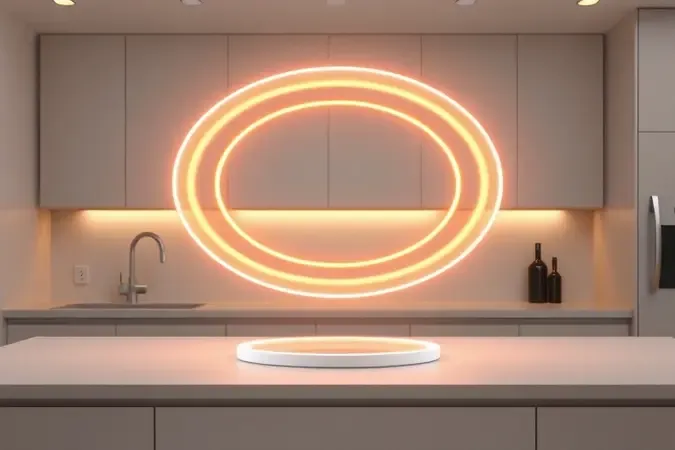 Representação conceitual de níveis de potência ajustáveis em micro-ondas com anéis luminosos para diferentes tipos de alimentos.