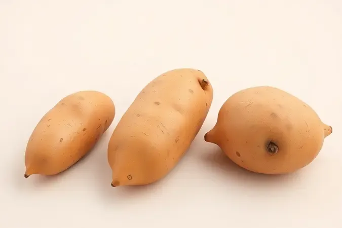 Três batatas-doces de tamanhos diferentes lado a lado como guia visual de tempo de cozimento