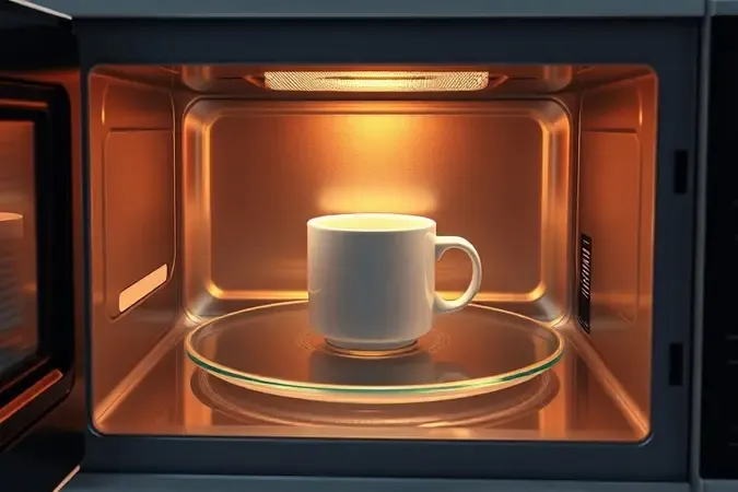 Interior de micro-ondas moderno com caneca de bolo em preparo sob iluminação âmbar suave e minimalista.