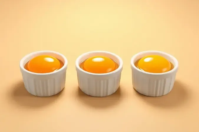 Três ovos em diferentes pontos de cozimento mostrando gema mole, média e dura no micro-ondas