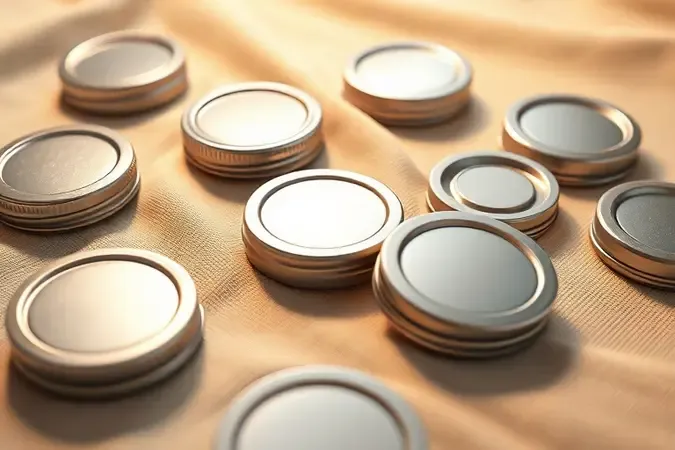 Tampas de metal e plástico para potes de vidro sobre tecido de linho bege em close-up conceitual com iluminação quente.
