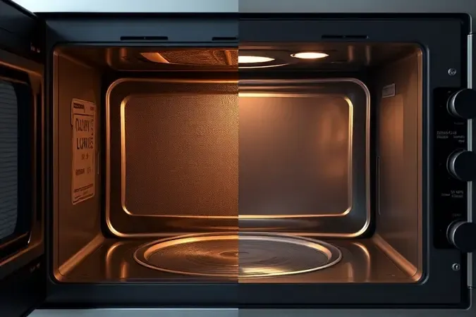 Comparação conceitual em 3D entre interior de micro-ondas de baixa qualidade e acabamento premium para inspeção visual antes da compra.