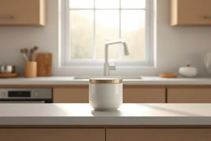Cena conceitual de recipiente cerâmico elegante em bancada de cozinha com luz natural, representando produto seguro para micro-ondas.