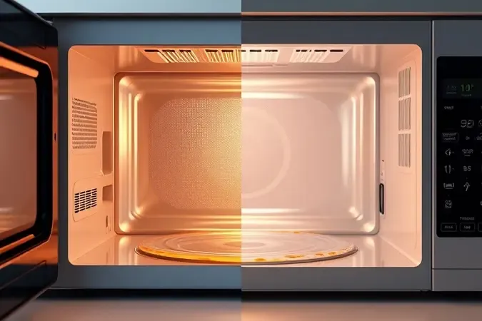 Comparação conceitual entre micro-ondas limpo e com acúmulo de gordura, destacando a importância da limpeza frequente.