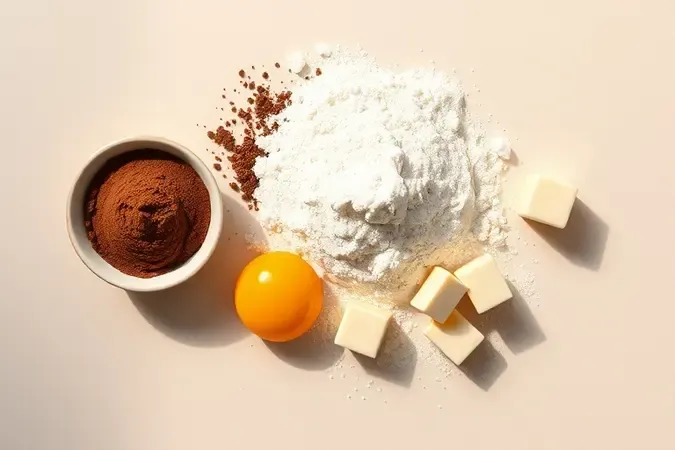 Ingredientes de brownie dispostos em composição minimalista: cacau, farinha, açúcar, ovo e manteiga.