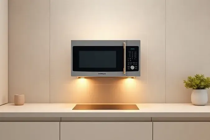 Render 3D conceitual de instalação adequada de micro-ondas em bancada de cozinha moderna com espaço de ventilação visível.