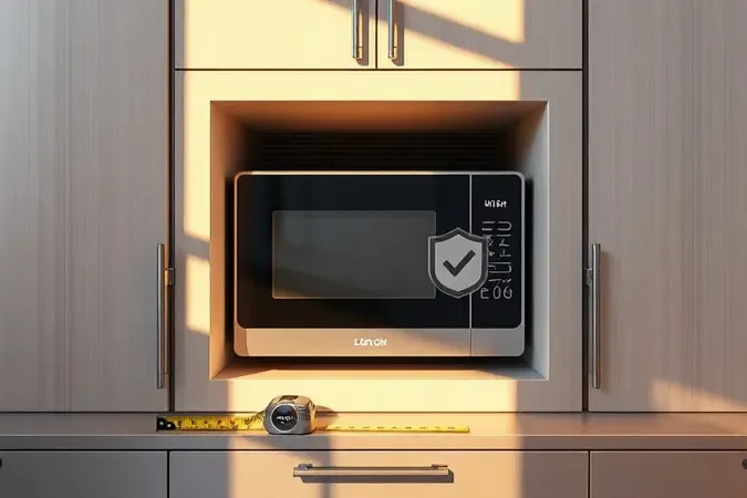 Render 3D conceitual de nicho para micro-ondas embutido com ferramentas de medição e ícones de segurança