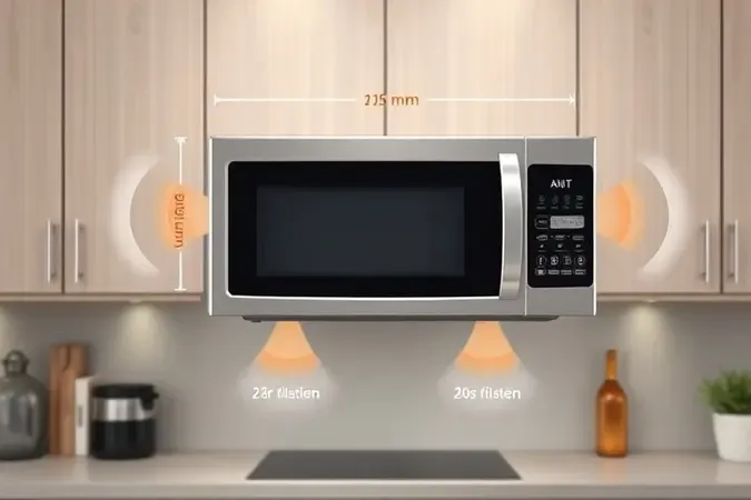 Visualização conceitual de micro-ondas com espaçamento adequado para ventilação e distância das paredes.