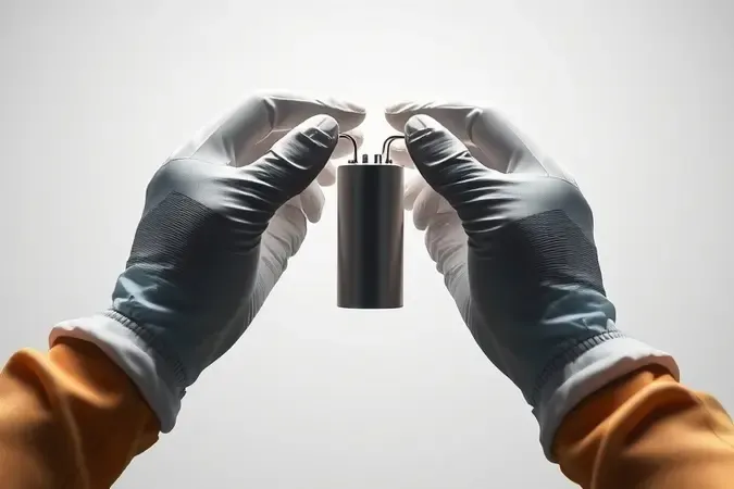 Renderização 3D de mãos com luvas de proteção segurando capacitor de micro-ondas sem marca próximo ao suporte interno de instalação.