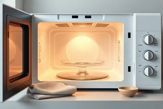 Renderização 3D do interior espaçoso de um micro-ondas moderno com prato giratório de vidro e iluminação interna suave.