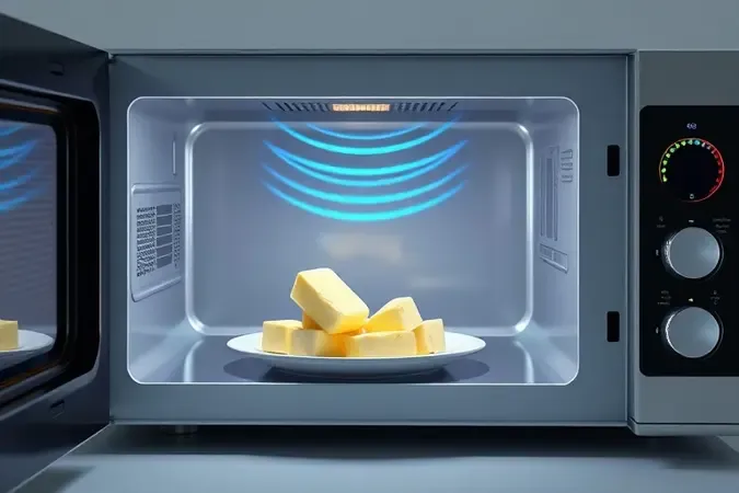 Ilustração 3D conceitual do interior de micro-ondas com alimento frio, representando falha no aquecimento.