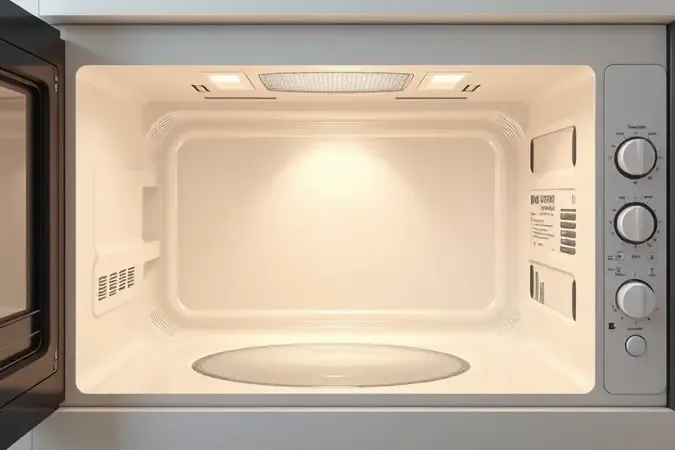 Interior de micro-ondas com superfície cerâmica lisa e limpa destacando facilidade de limpeza