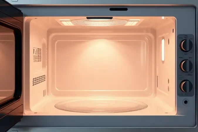 Interior de micro-ondas com acabamento limpa-fácil demonstrando superfície antiaderente, lisa e brilhante.