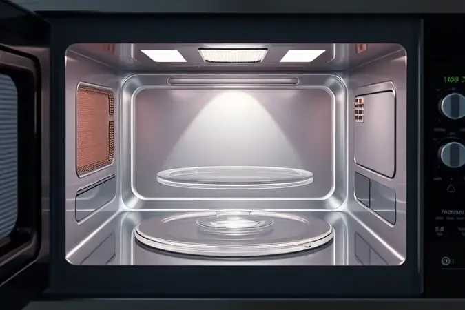 Renderização 3D do interior de micro-ondas com prato giratório e paredes esmaltadas impecáveis sob iluminação suave.