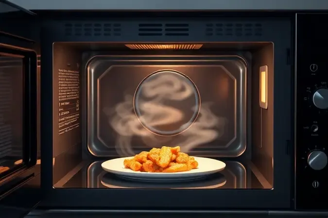 Interior de microondas em render 3D com vapor e luz quente demonstrando aquecimento eficiente e alta potência.