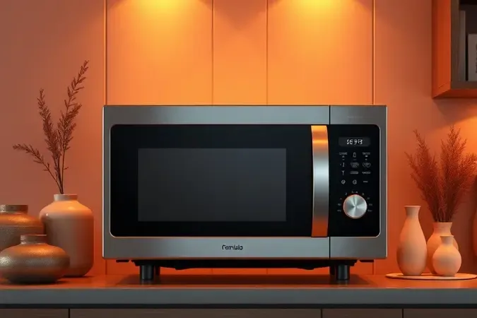 Cena conceitual de micro-ondas premium em cozinha moderna com iluminação quente e materiais sofisticados.