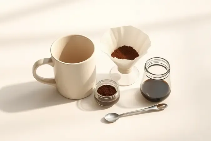 Itens essenciais para preparar café no micro-ondas dispostos em composição minimalista render 3D.