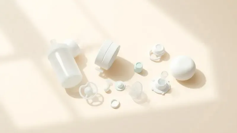 Composição 3D conceitual com mamadeiras, chupetas e acessórios de bebê esterilizáveis em tons neutros e suaves.