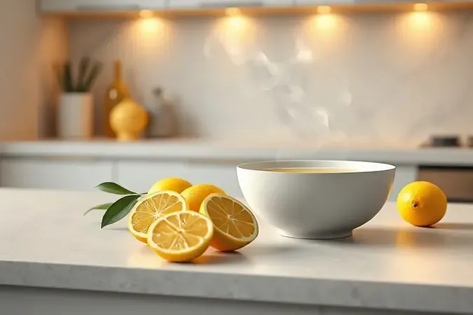Render 3D conceitual de limão fatiado e vapor representando método de limpeza natural para micro-ondas
