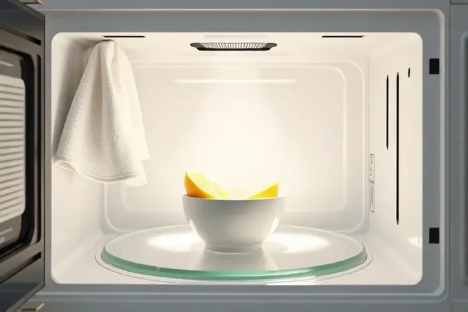 Renderização 3D conceitual de interior de micro-ondas sendo limpo com pano de microfibra e vapor de solução natural com limão.