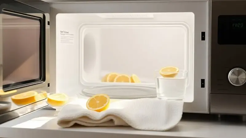 Interior limpo de micro-ondas com itens de limpeza naturais em renderização 3D conceitual