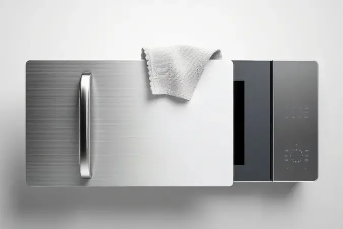 Painéis representando acabamentos de micro-ondas inox, branco e espelhado, com pano de microfibra limpando superfície.