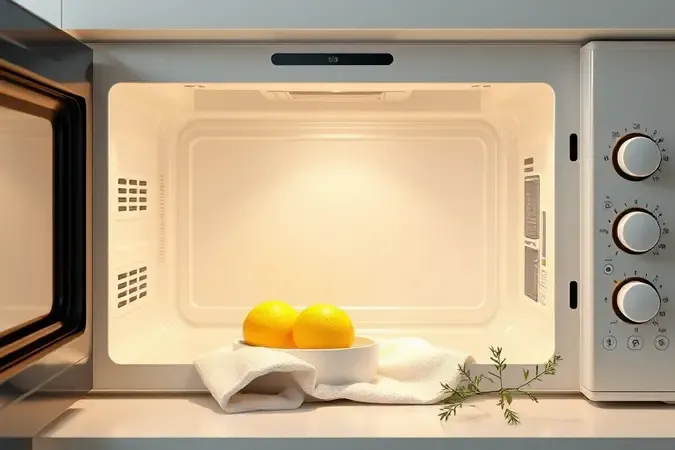 Render 3D conceitual de interior impecável de micro-ondas sendo limpo com pano e elementos naturais de limpeza.