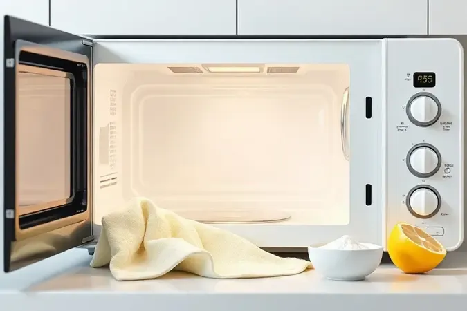 Interior de micro-ondas impecavelmente limpo com pano de microfibra e elementos naturais de limpeza como limão.