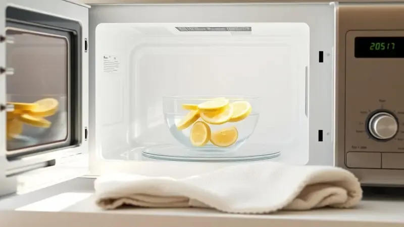 Render 3D de interior de micro-ondas impecável com tigela de vidro com limão e vapor para limpeza natural a vapor.