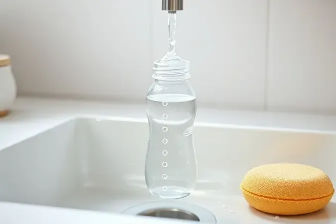 Mamadeira sendo lavada com água e sabão em pia moderna, etapa essencial de limpeza profunda antes da esterilização.
