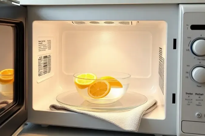 Renderização 3D de interior de micro-ondas com vapor e tigela com limão representando limpeza natural segura e rápida.