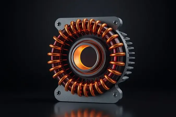 Render 3D conceitual de um magnetron estilizado com bobinas de cobre e brilho alaranjado, o componente central do micro-ondas.