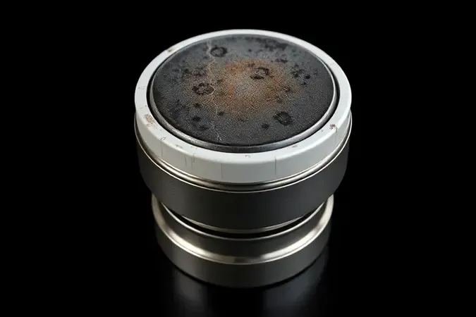 Renderização 3D de magnetron com sinais de desgaste como marcas de queimadura e descoloração indicando defeito.