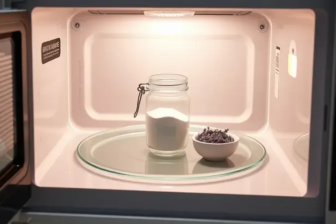 Interior de micro-ondas impecável com recipiente de bicarbonato e lavanda seca representando manutenção preventiva e frescor duradouro.