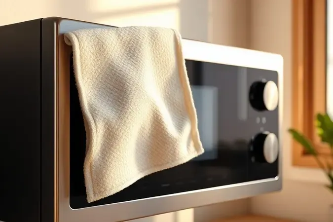Pano de microfibra limpando cuidadosamente painel digital de micro-ondas com iluminação natural suave