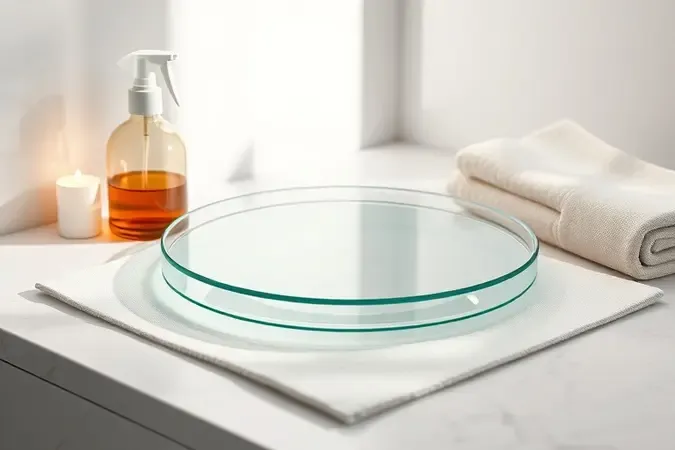 Renderização 3D de prato de vidro para micro-ondas sobre pano de microfibra com borrifador âmbar, transmitindo cuidado e manutenção delicada.