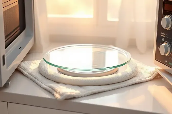 Renderização 3D de prato de micro-ondas sobre pano macio, ilustrando cuidados de manutenção para evitar quebras e prolongar a vida útil.
