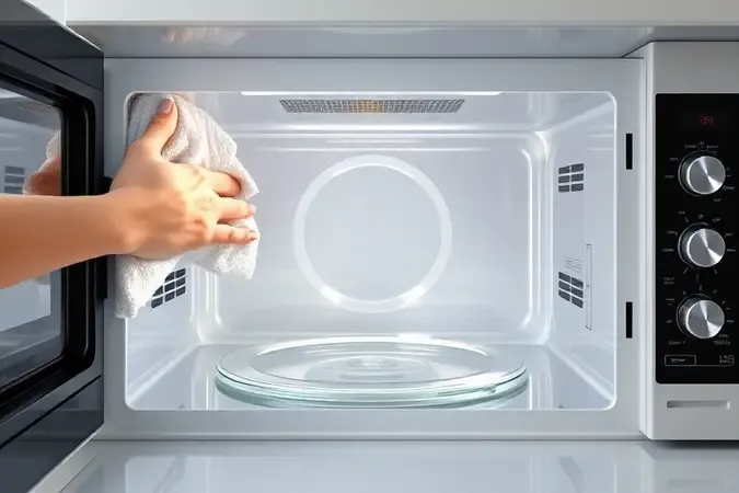 Renderização 3D de limpeza preventiva do interior de micro-ondas para maior durabilidade do aparelho.