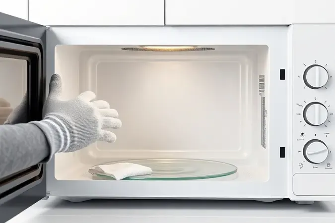 Renderização 3D de interior de micro-ondas sendo limpo com pano de microfibra, representando manutenção preventiva e cuidados.