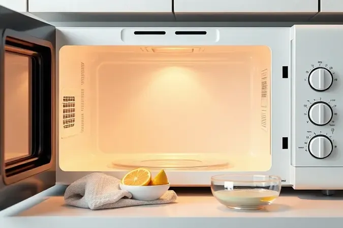 Renderização 3D de interior de micro-ondas limpo com itens de limpeza ao lado representando manutenção preventiva.