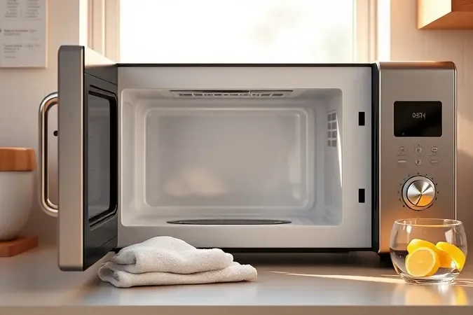 Micro-ondas limpo com porta aberta e itens de limpeza ao lado representando manutenção preventiva em cozinha iluminada.