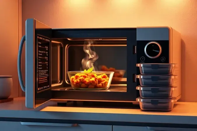 Micro-ondas com recipiente de vidro contendo refeição colorida e vapor, com marmitas empilhadas ao lado.