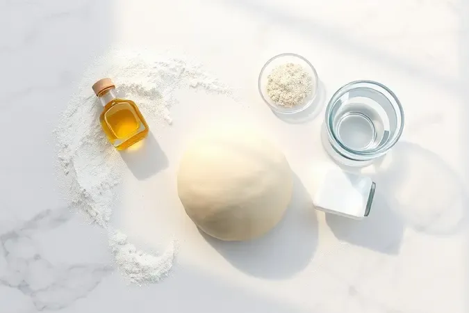 Ingredientes frescos para massa de pizza dispostos artisticamente em superfície de mármore com bola de massa no centro.