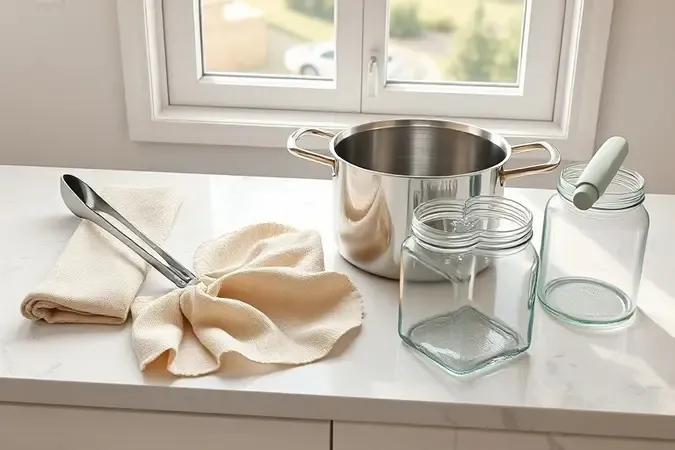 Materiais para esterilização de potes de vidro organizados sobre superfície de mármore: pinça, pano, panela e frascos de vidro.