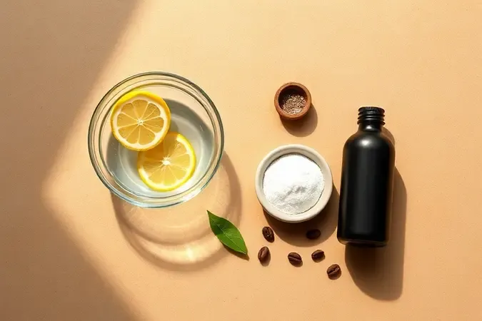 Composição 3D minimalista com ingredientes naturais como limão, vinagre, bicarbonato e café para eliminar odores do micro-ondas.