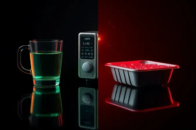 Composição 3D contrastando recipientes seguros e proibidos para micro-ondas, com iluminação verde e vermelha representando materiais adequados e perigosos.