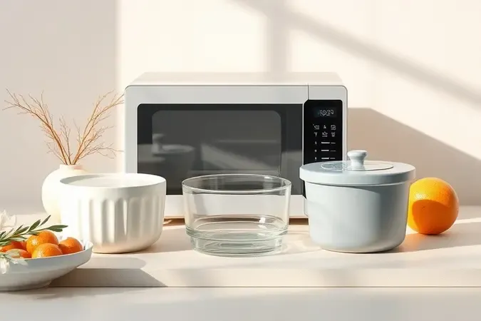 Composição conceitual de materiais seguros para micro-ondas como cerâmica, vidro borossilicato e silicone em superfície neutra.