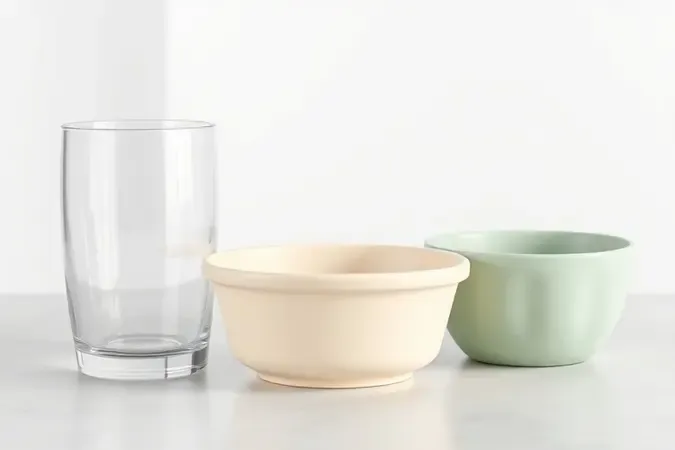 Materiais seguros para micro-ondas — vidro temperado, cerâmica fosca e silicone — em composição 3D limpa e profissional.