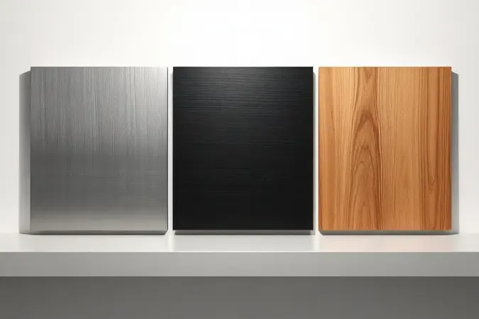 Amostras de materiais para suporte de micro-ondas em aço inox, metal preto fosco e madeira natural com iluminação profissional